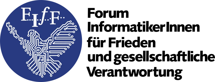 Das Logo des FIfF eine aus Leiterbahnen geformte weiße Friedenstaube mit aufgespannten Flügeln auf blauem Kreis.