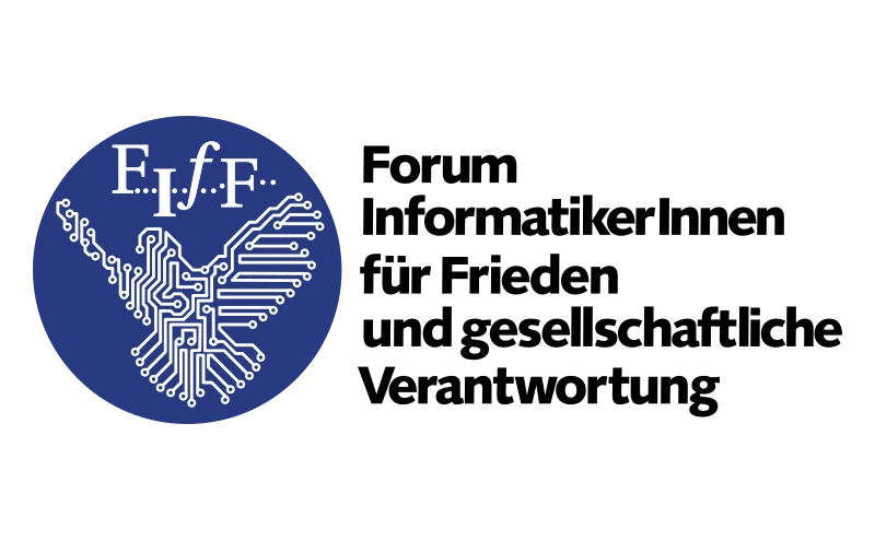 Eine weiße aus Leiterbahnen und Lötklecksen geformte Friedenstaube mit aufgespannten Flügeln auf blauem Kreis. Daneben der Titel Forum InformatikerInnen für Frieden und gesellschaftliche Verantwortung.