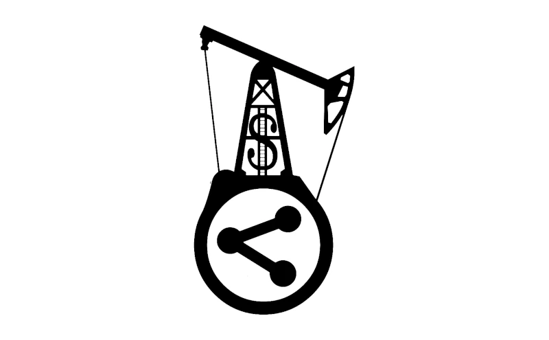 Die Silhouette einer Ölpumpe steht auf dem Share Symbol. Auf der Front prangt ein Dollarzeichen.