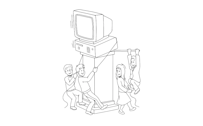 Eine einfache Strichzeichnung im Comic-Stil: Vier junge Menschen versuchen mit Seilen, einen alten Röhrencomputer samt Tower von einem Podest zu bewegen. Zwei ziehen von links, während eine Person rechts am Seil und an der Stange hängen. Der Computer ist groß, kantig und wirkt schwer.
