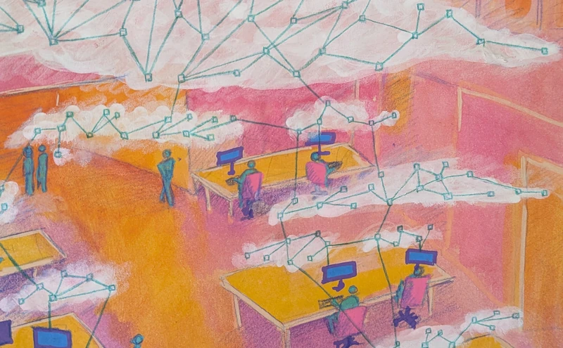 Ein abstraktes Bild in Rosa und Gelb, das ein Büro zeigt, in dem Menschen arbeiten, sich unterhalten und herumlaufen. Über ihren Köpfen schweben Wolken aus Netzwerkverbindungen.