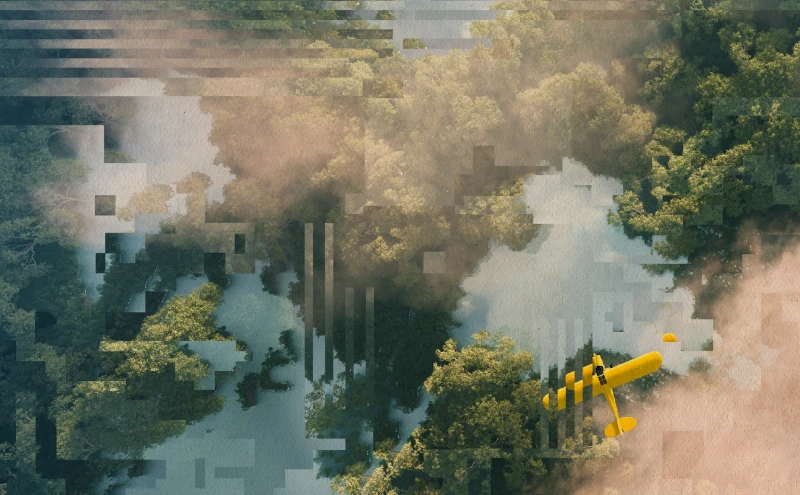 Ein Foto aus der Vogelperspektive, das ein kleines gelbes Flugzeug zeigt, das über einen Fluss oder See fliegt, der von Bäumen und Wolken umrahmt ist. Das Bild weist jedoch leichte Verzerrungen und digitale Artefakte auf.